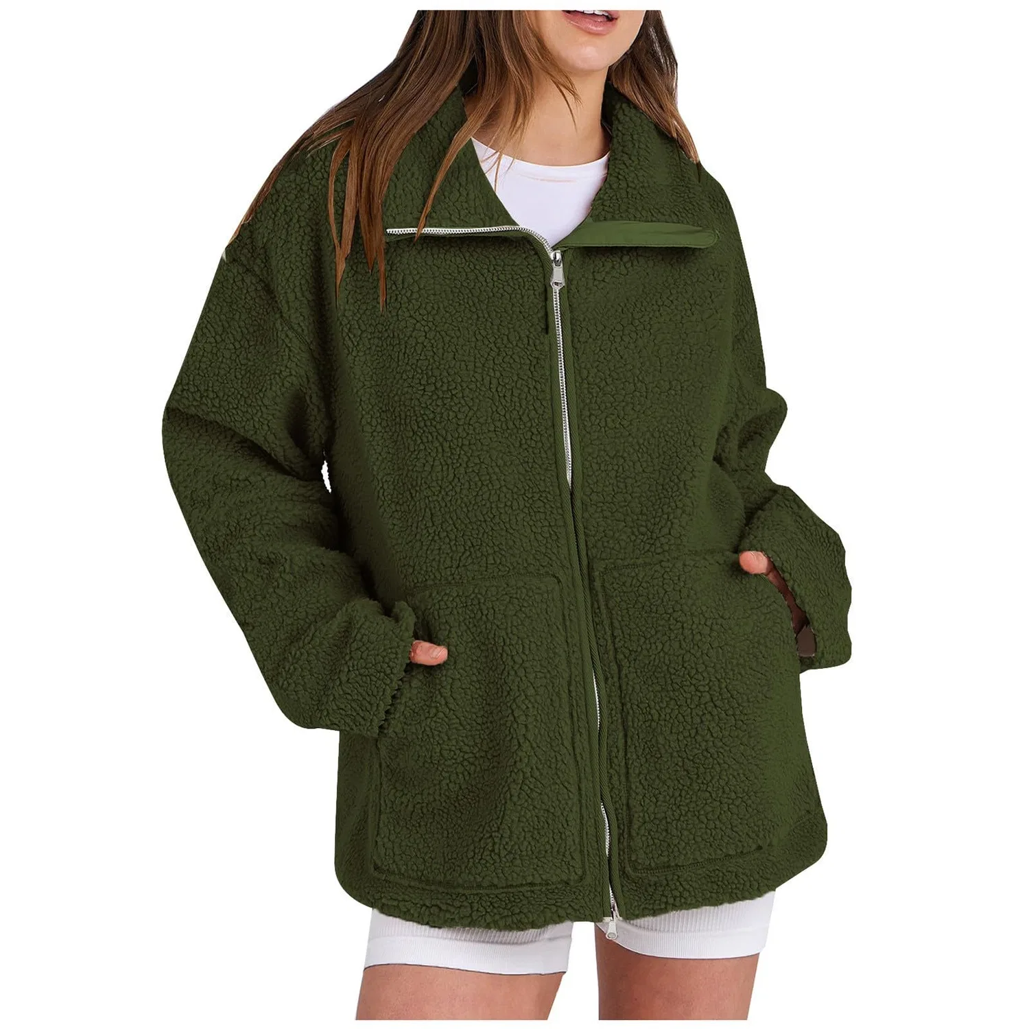 Женское пальто из флиса с молнией, без капюшона, Verde