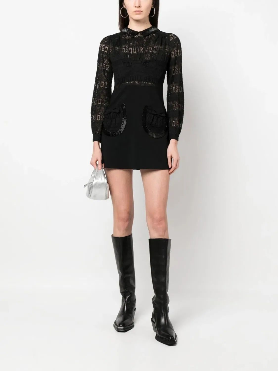 Мини-платье с кружевом и логотипом DSQUARED2, черный — фото 4