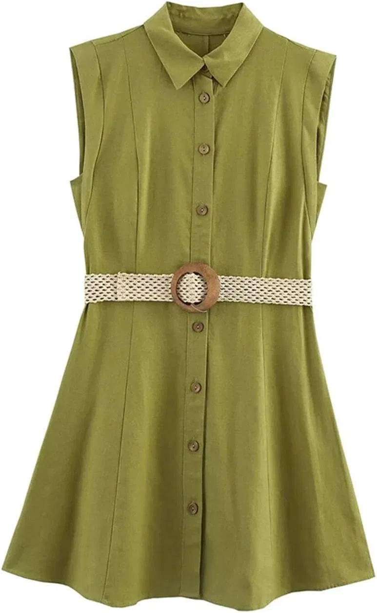 Женское платье-рубашка с поясом A-line Casual, Army Green — фото 2