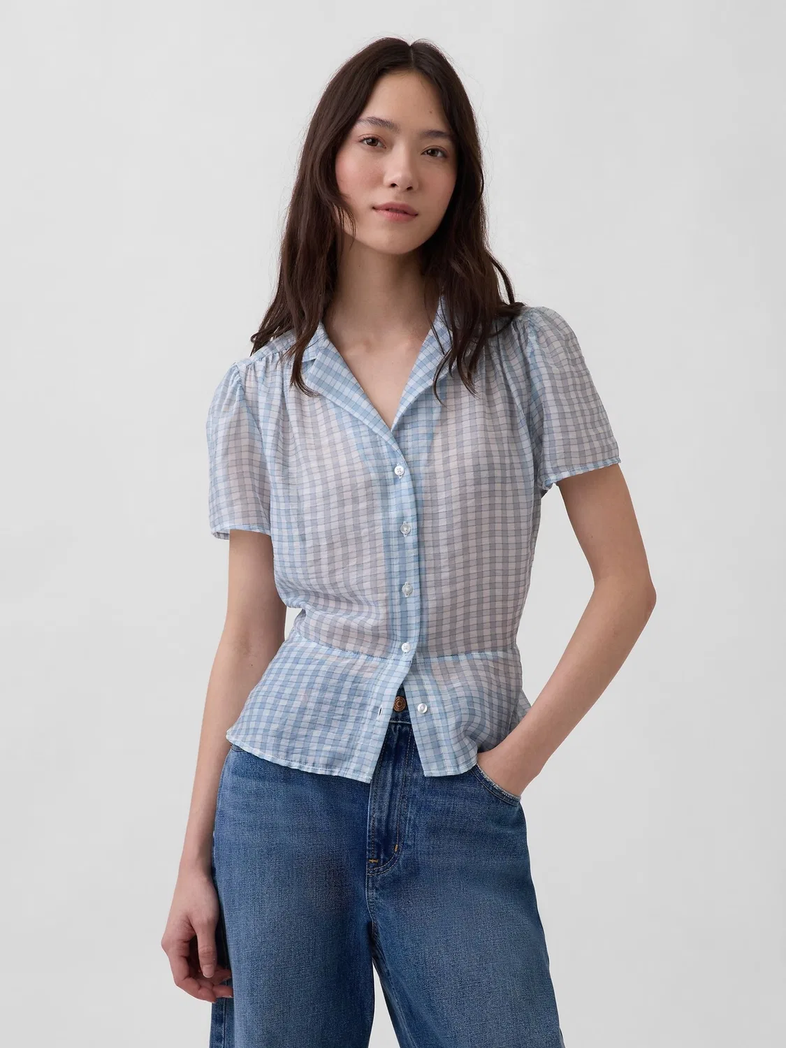 Блуза полуприлегающая, клетка Gap, синяя