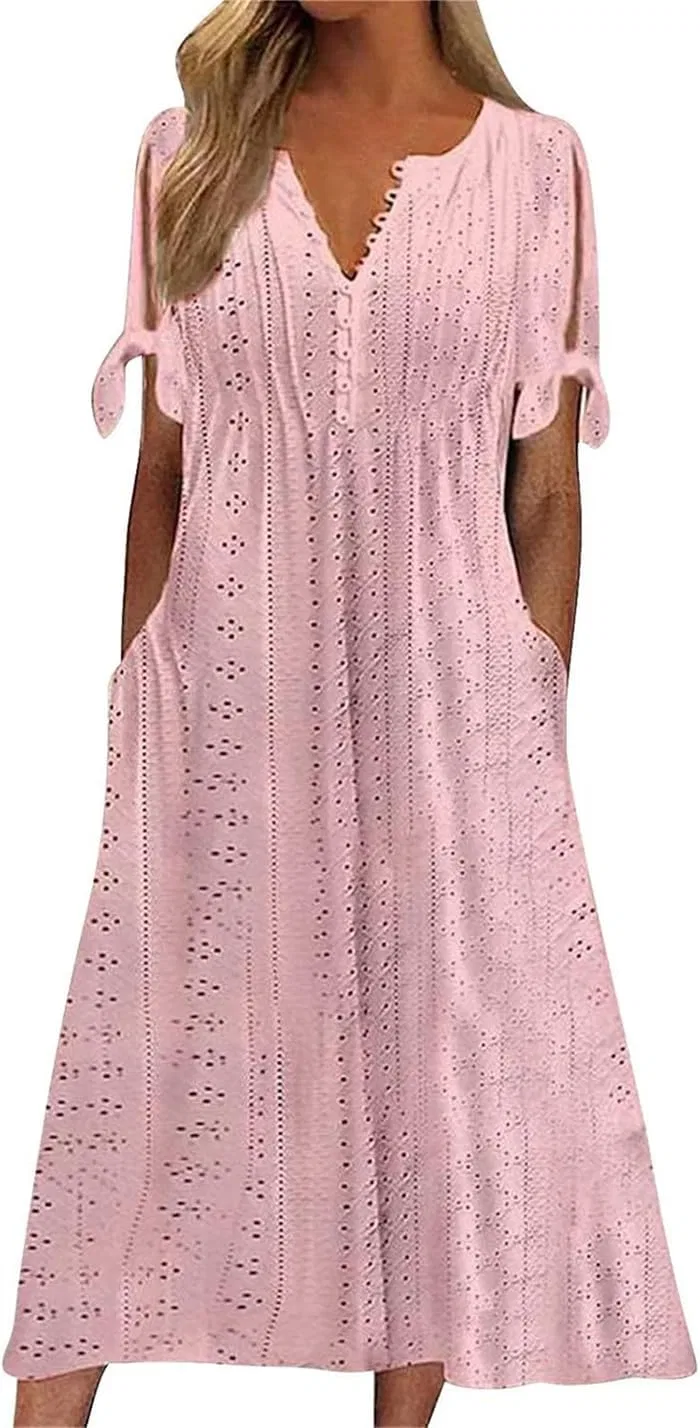 Женское платье-трапеция с коротким рукавом, Eyelet, розовый