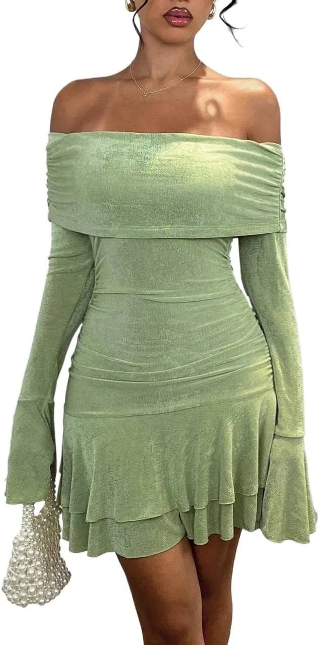Женское мини-платье с воланами Bodycon, Green