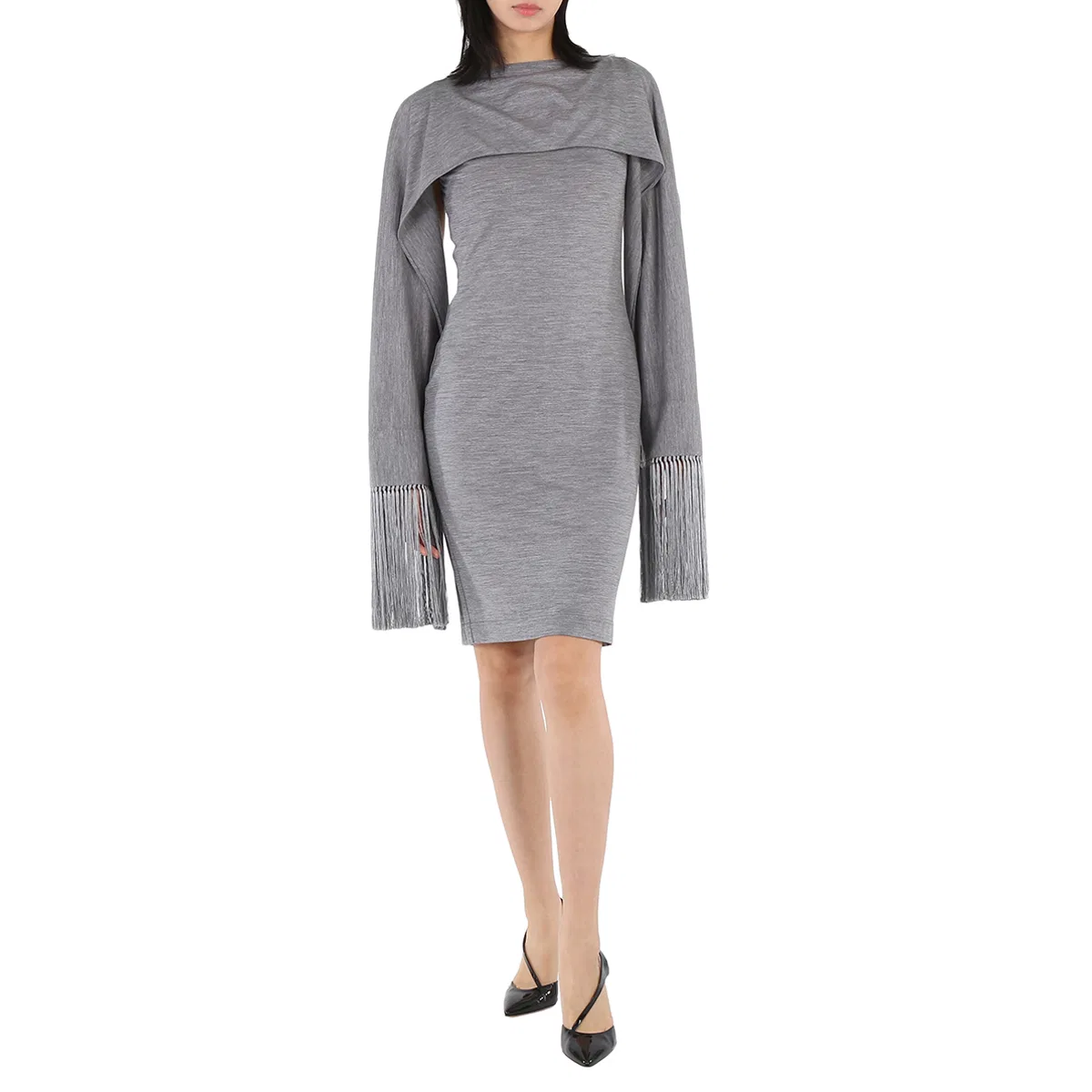 Платье без рукавов из мериносовой шерсти Cloud Grey Merino Wool Sleeveless Dress With Fringed Capelet Burberry, Cloud Grey