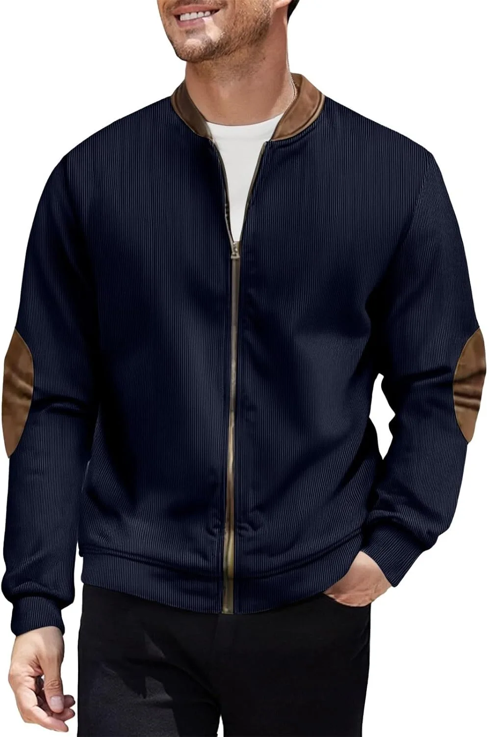 

Мужская повседневная куртка с воротником стойкой, на молнии, с налокотниками