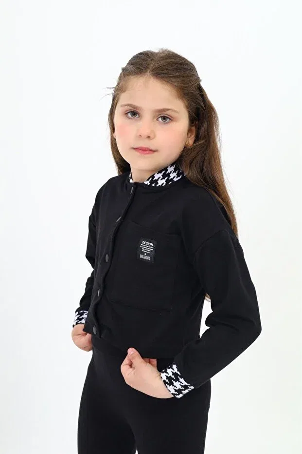 Детский кардиган для девочек с принтом College Collar Snap Closure Printed Color Block Knitted Cardigan Toontoy, Black — фото 2