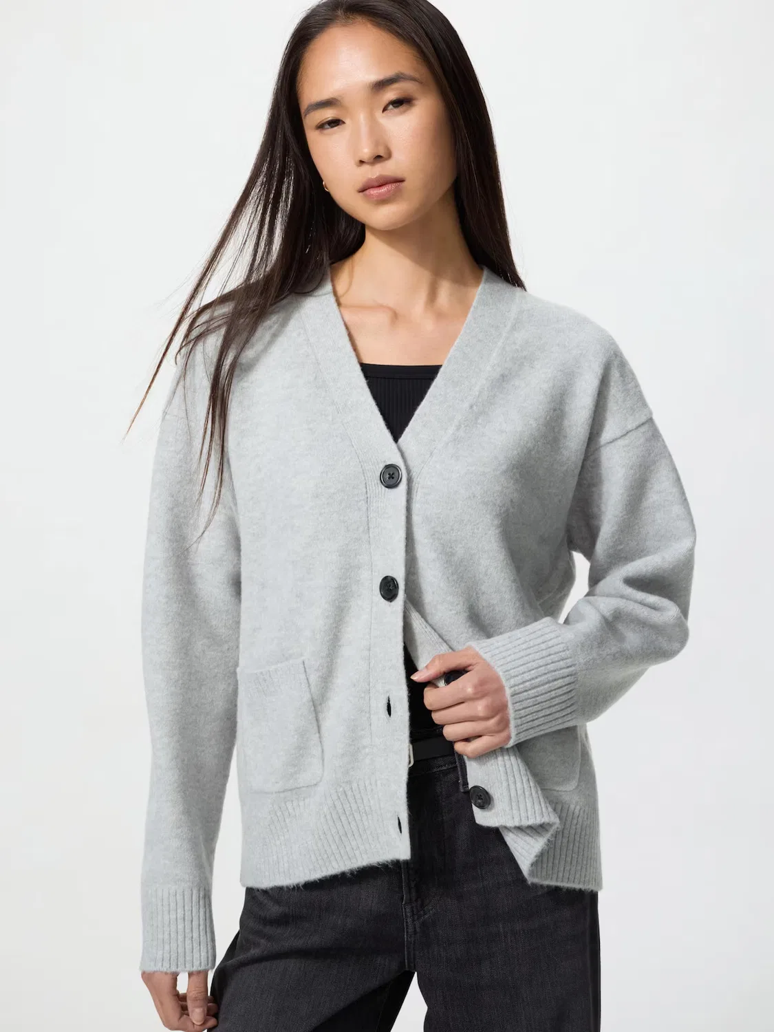 Кардиган Uniqlo, свободный свитер, из пряжи «суфле», светло-серый
