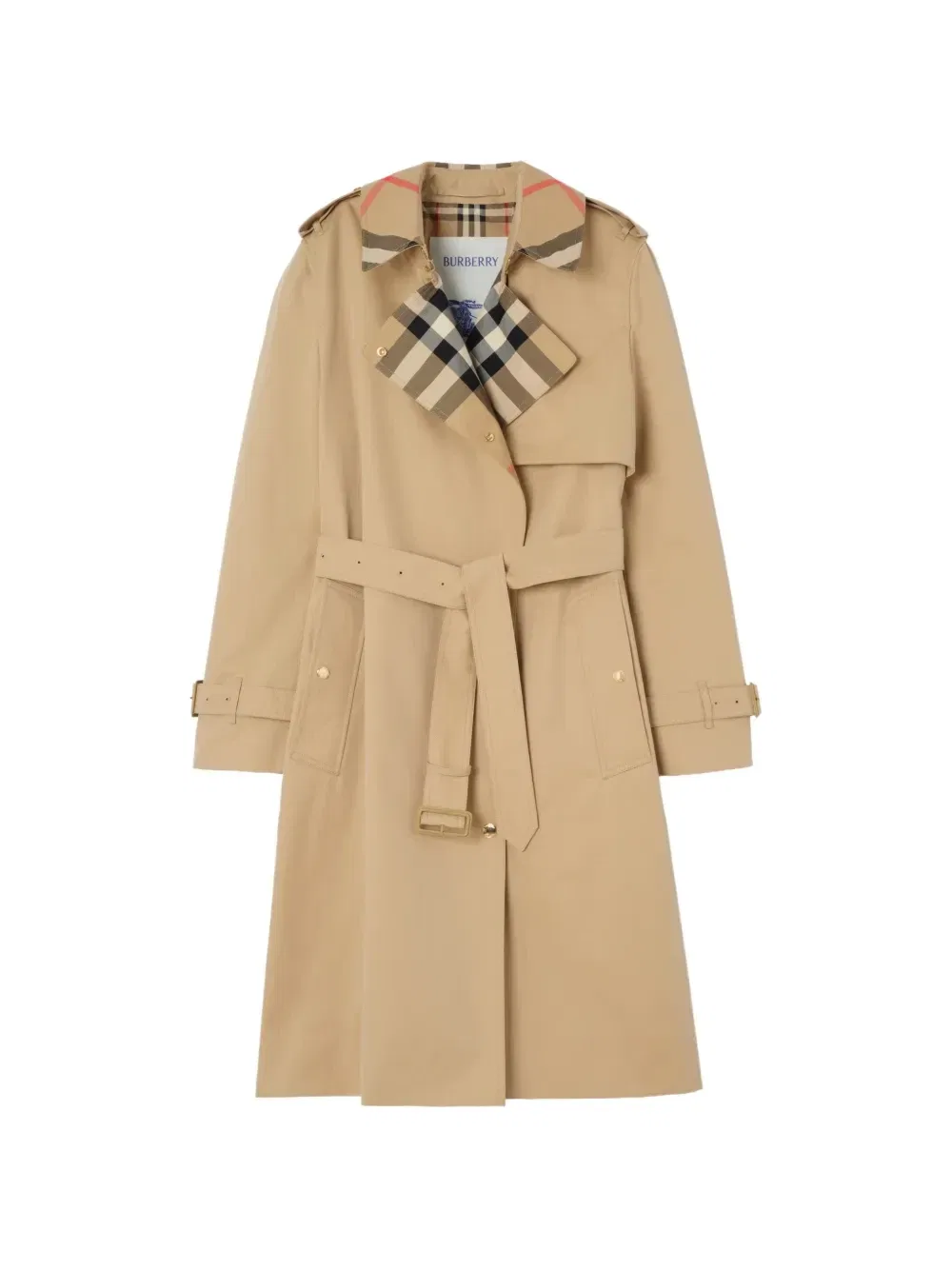Длинный тренч из габардина в клетку с воротником Burberry, бежевый