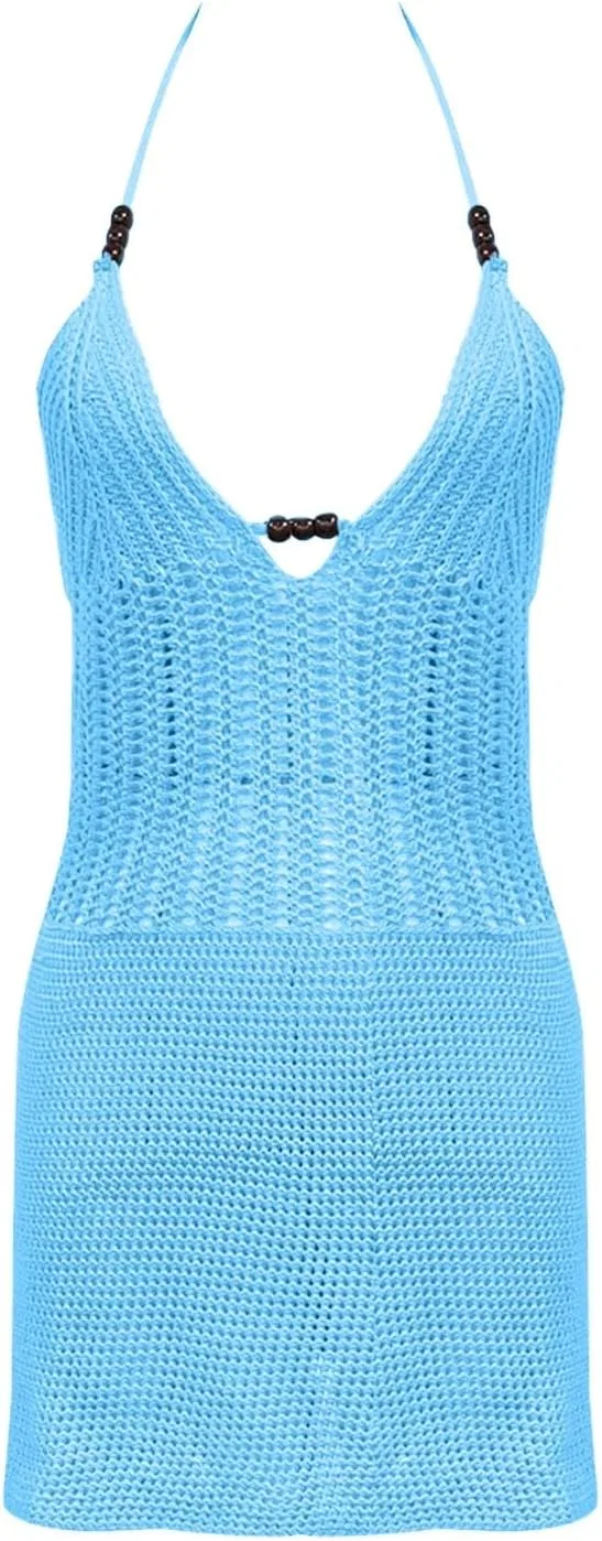 Женская пляжная накидка с вязаным кружевом Halter, Blue — фото 3