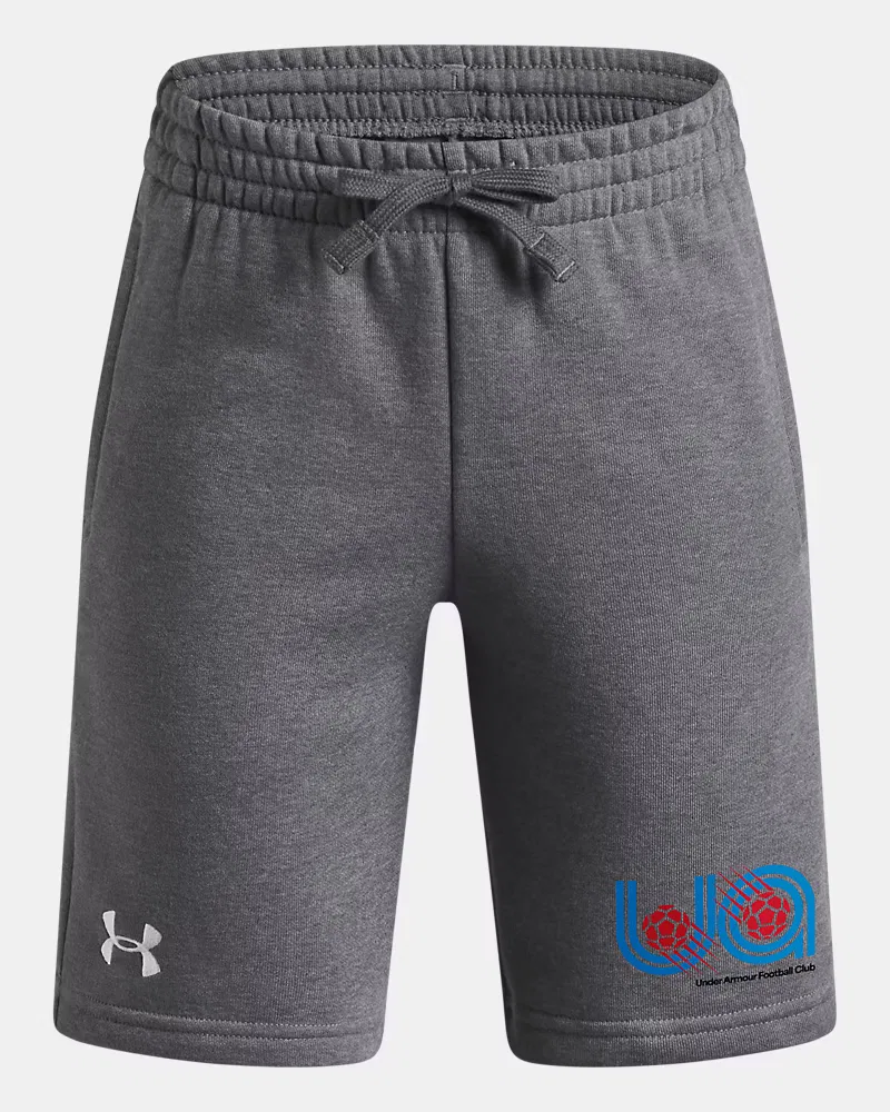 Шорты для мальчиков 20 см флисовые с эластичным поясом UA Rival Fleece Soccer UnderArmour, Castlerock Light Heather/White