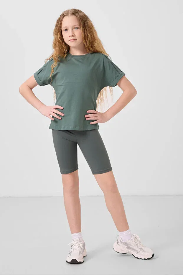 Детский комплект футболок для девочек Oversize fit o-neck basic 3-pack white-dark beige-light green Tommy Life, Белый-Темно-Бежевый-Кактус — фото 2