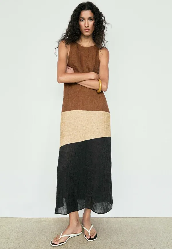 Платье длинное из льна Maxi dress Massimo Dutti, темно-коричневый — фото 4