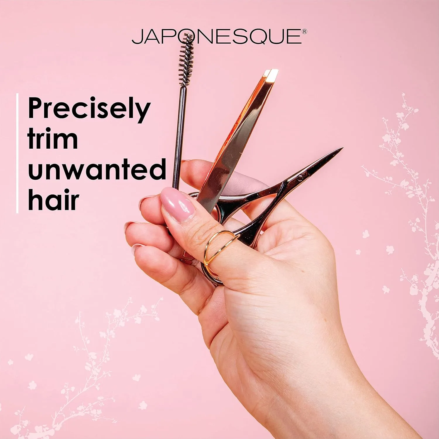 Набор для бровей JAPONESQUE Luxe Brow Kit, пинцет с косым срезом цвета розового золота, косметические ножницы, щеточка для бровей., black / copper — фото 4