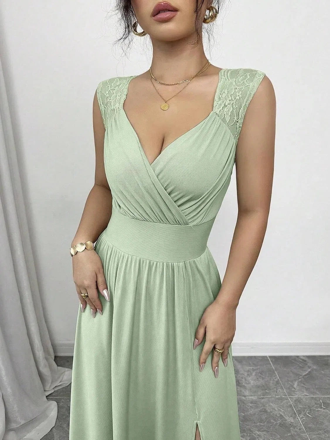 Женское элегантное платье A-силуэта с V-образным вырезом, Mint Green — фото 4
