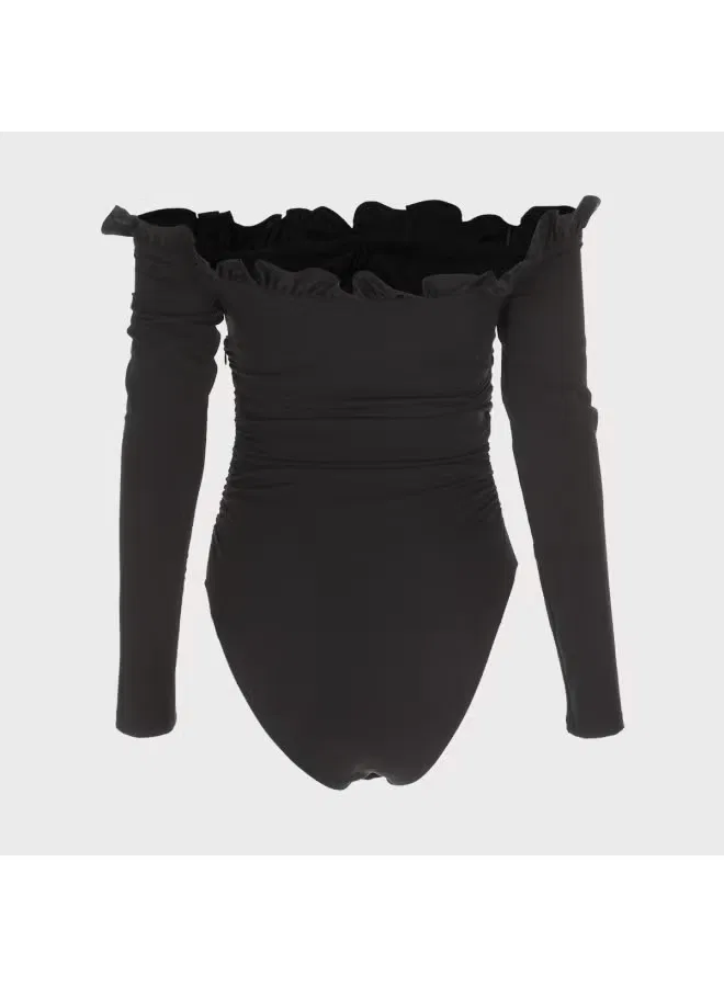 Блуза с открытыми плечами и плиссировкой Zara, черный — фото 3