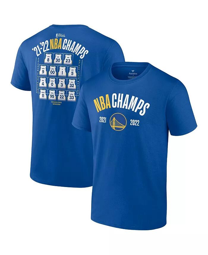 

Мужская футболка Royal Golden State Warriors 2022 NBA Finals Champions Final Buzzer Jersey Roster Fanatics
