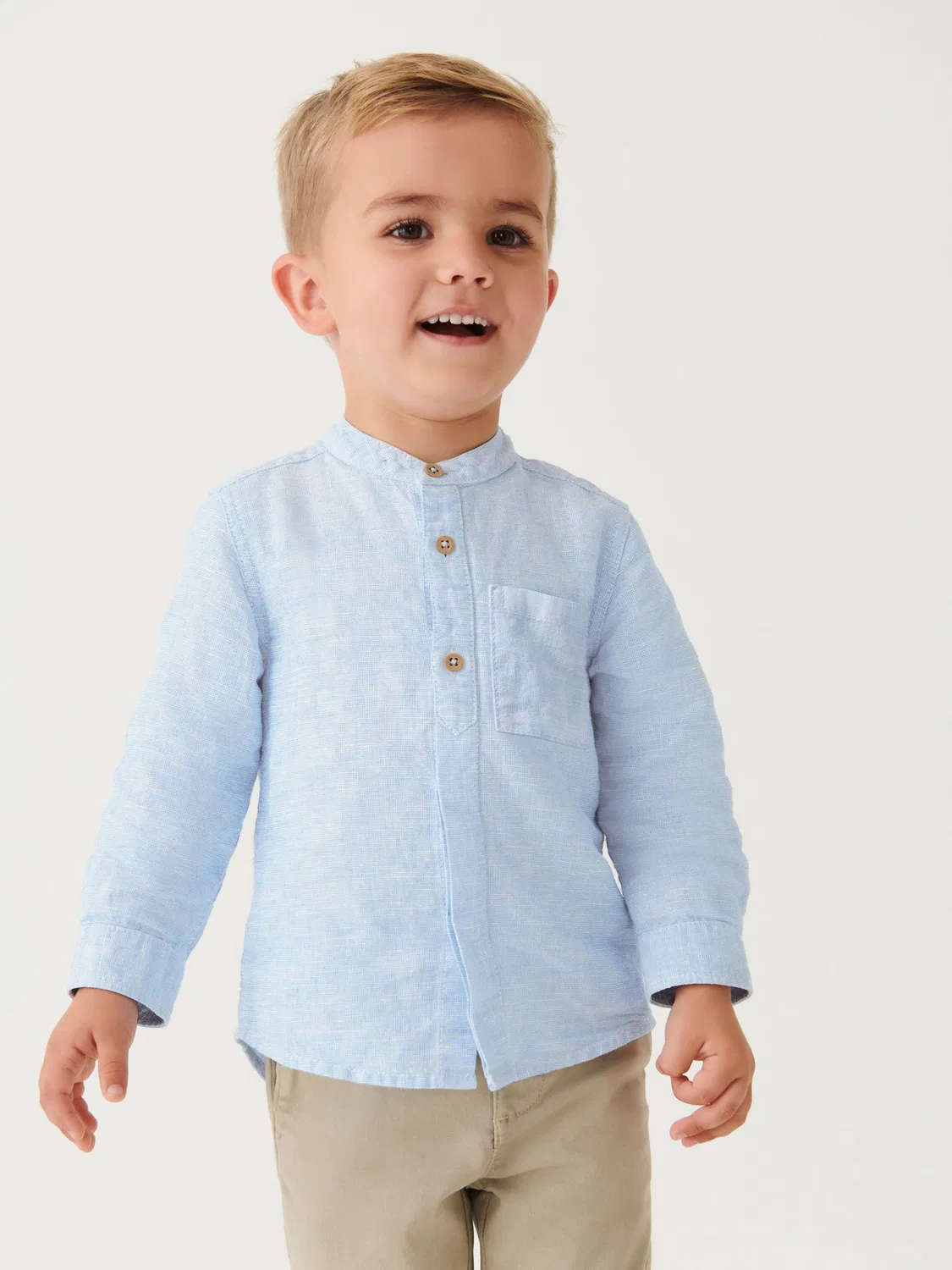 Рубашка с воротником гранд, льняная смесовая, Grandad Collar Next, синий