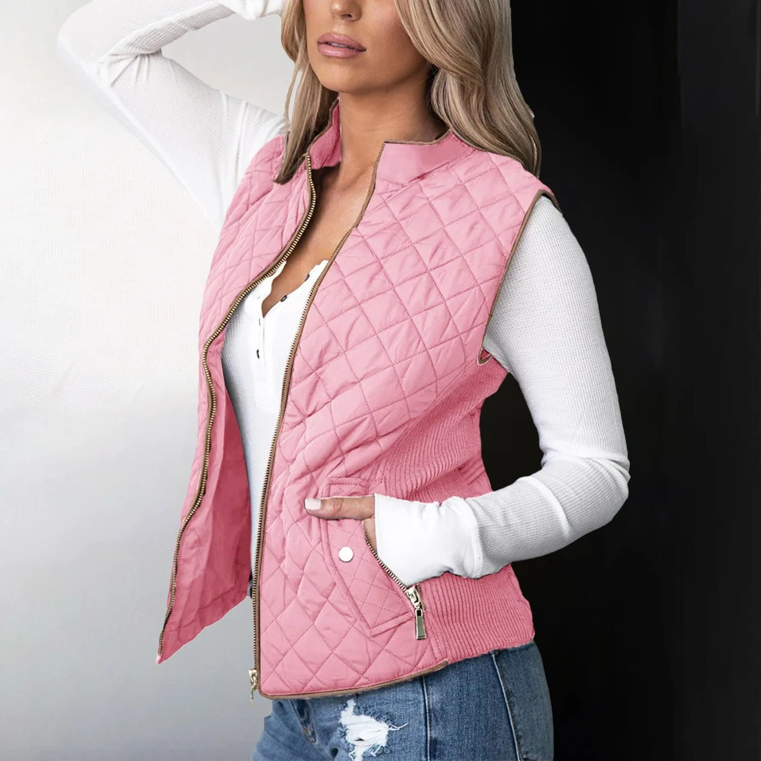 Женский жилет с принтом Attumn Winter Solid Composite Zipper Vest Jacket Sleeveless with Pocket Spring Jackets, Rosa — фото 4