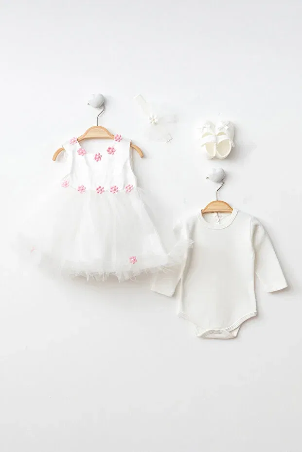 Детское платье для девочек с принтом Ponpon baby girl newborn tulle floral mevlüt dress special occasion outfit 4 pieces Harry&Millie, Ecru