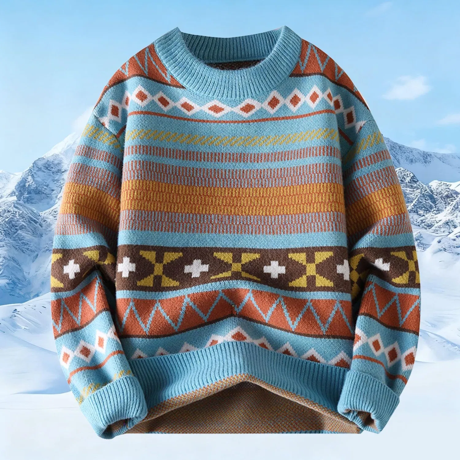 Мужской свитер с жаккардовым узором Retro Jacquard Knit Winter Sweater, 1-blu — фото 2