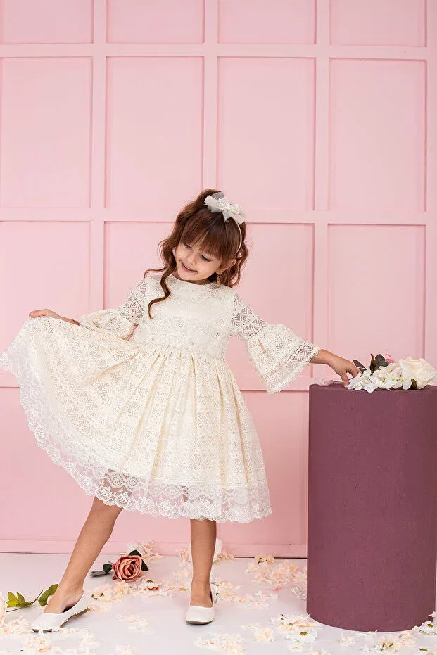 Детское кружевное платье для девочек Süslü Pink Kids, Ecru — фото 3