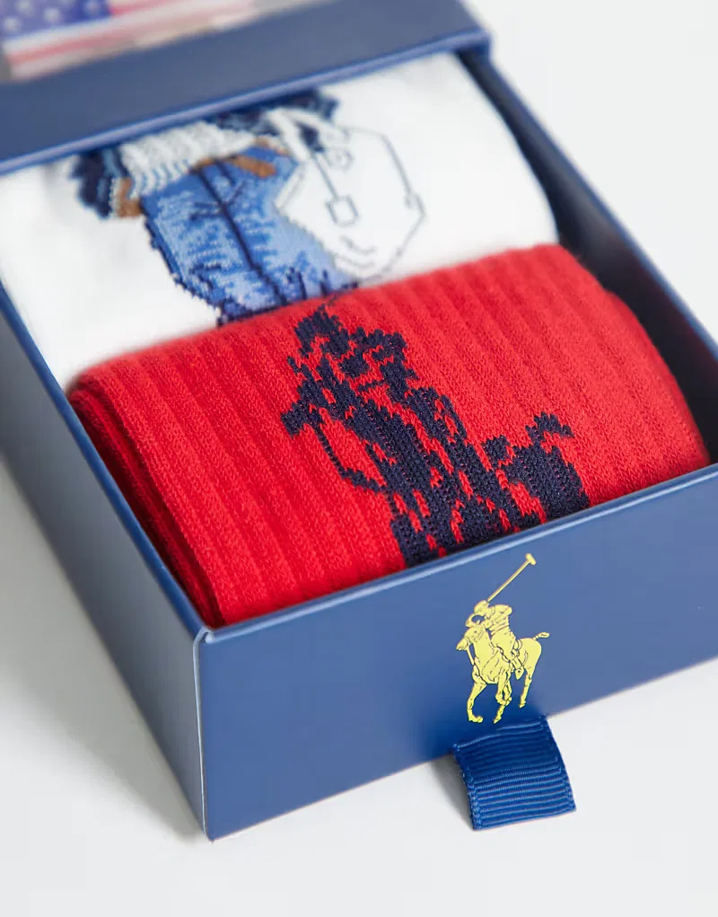 Набор из 3 пар носков Polo Ralph Lauren с изображением медведя в подарочной коробке, темно-синий, белый и, красныйцветов — фото 3