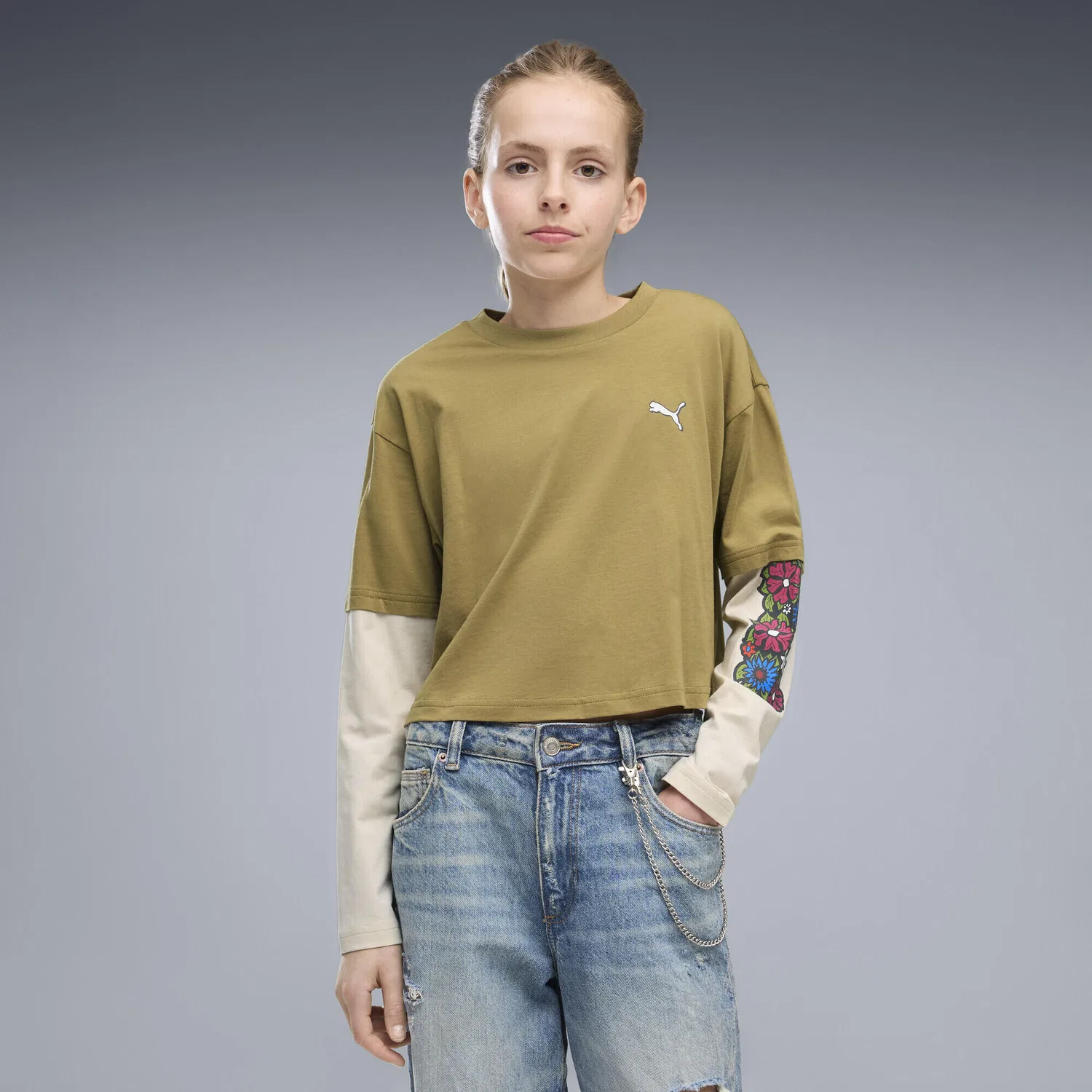 Детское лонгслив с многослойным принтом и флоральными деталями MID 90s Puma, Braun — фото 2