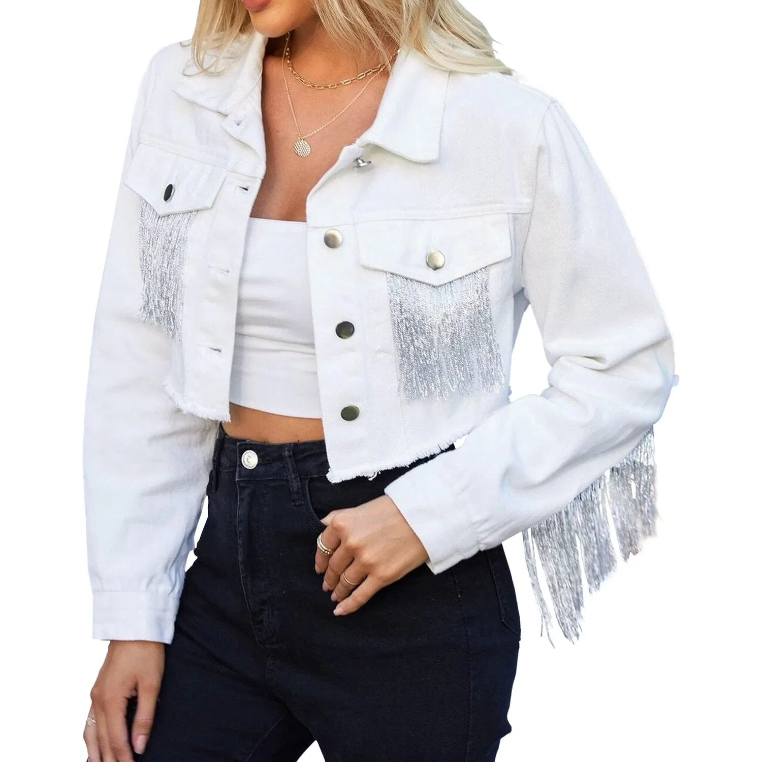 Женская джинсовая куртка с бахромой Fringe, White