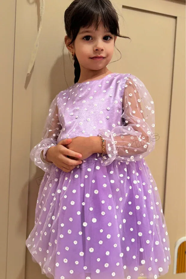 Детское платье для девочек с принтом Lilac Floral Patterned Tulle Skirt and Three Quarter Tulle Sleeve Baby Girl & Girl's Dress - Flower Penu Baby Kids, Lilac — фото 2