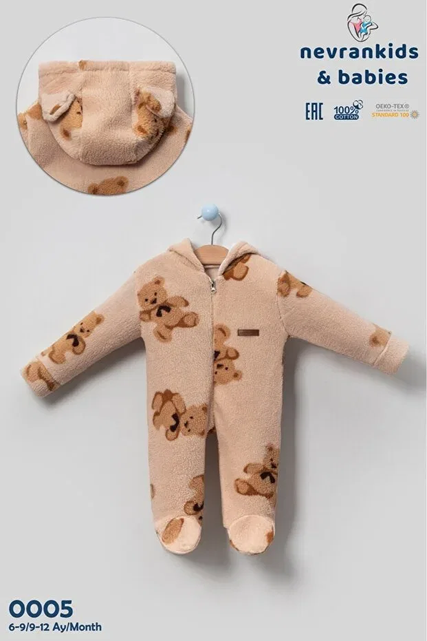 Детский комбинезон-куртка с искусственным мехом, с капюшоном, на молнии Unisex baby welsoft plush coat-jumpsuit hooded zippered teddy bear winter 3 tog double layer Nevrankids, Beige — фото 2