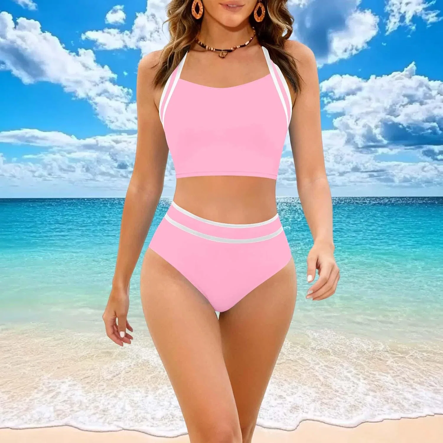 Женский бикини-комплект с завышенной талией Push-up, Striped, Pink — фото 3