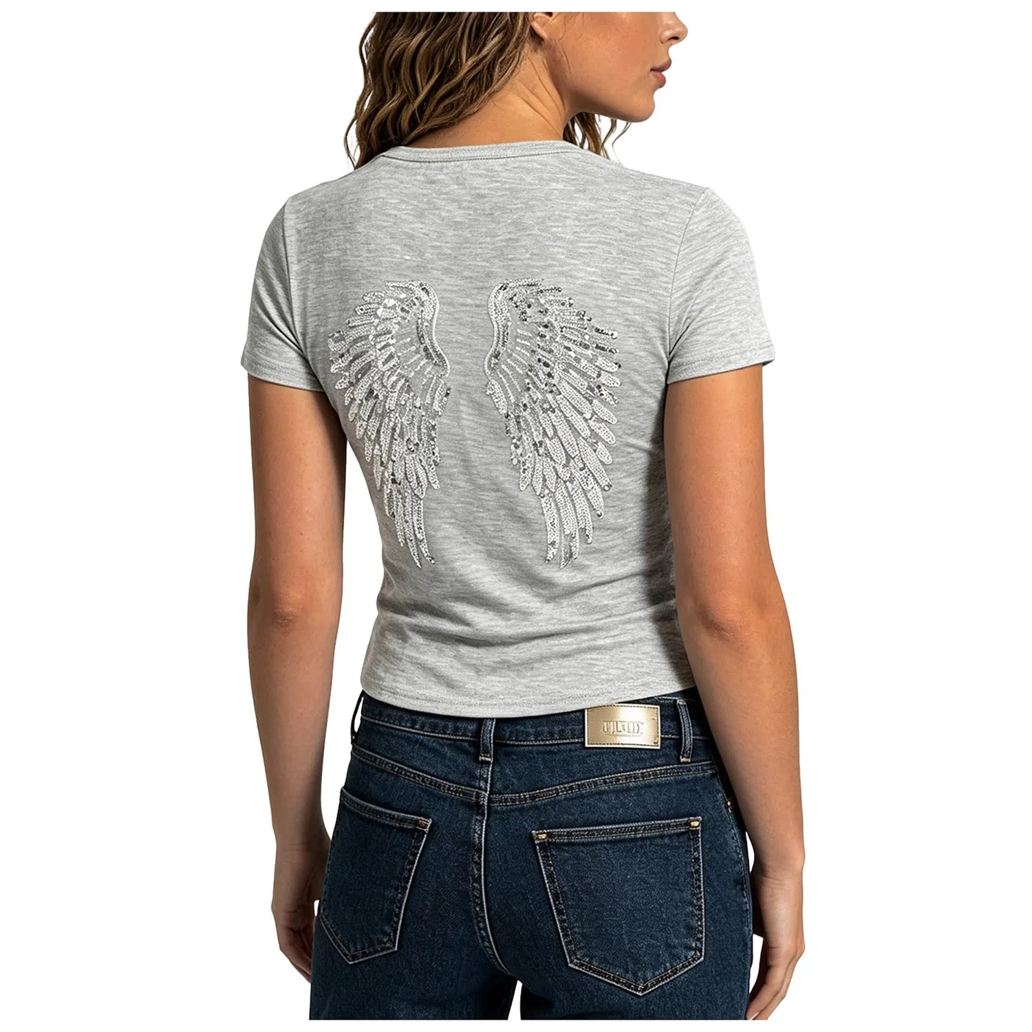 Женская футболка с принтом Angel Wings Print, облегающая, с коротким рукавом, Grey