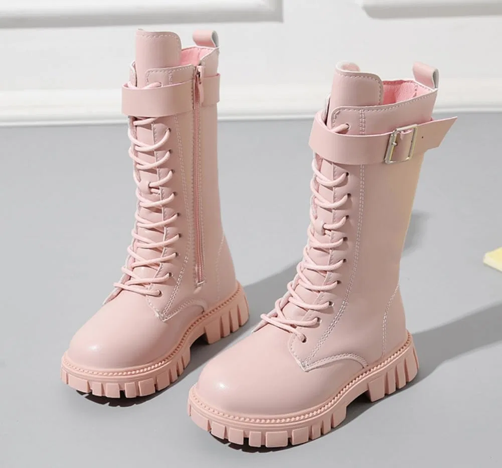 Детские зимние сапоги для девочек с меховой подкладкой и шнуровкой, Pink — фото 2