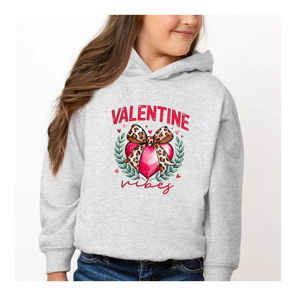 Детское худи для девочек с принтом Coquette Valentine Vibes The Juniper Shop, Heather Grey — фото 2