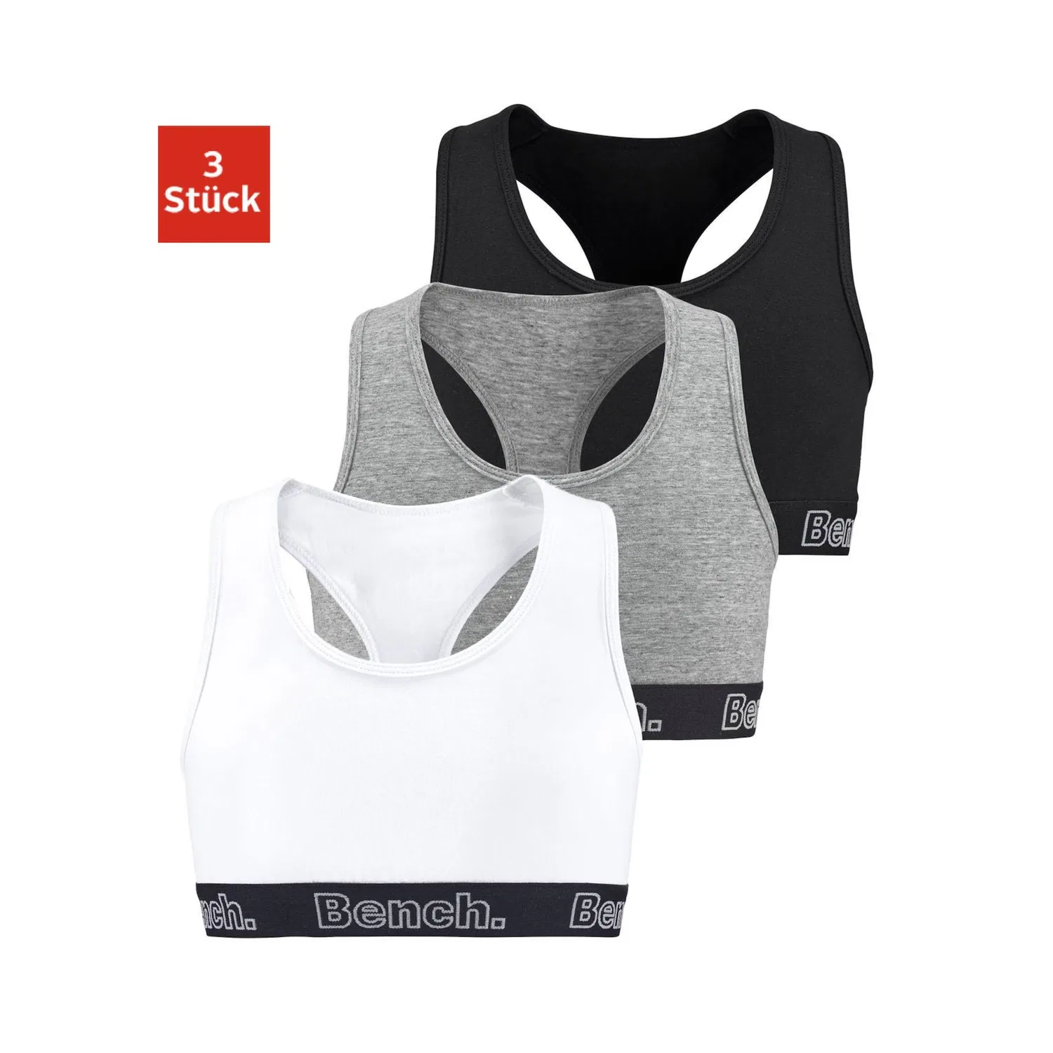 Детское бюстье в наборе 3 шт. с логотипом Bench, Black/White/Gray Melange