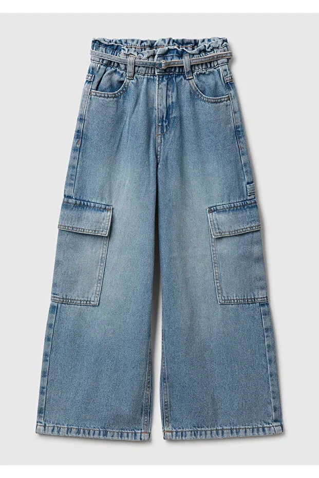 Детские брюки для девочек с широкой штаниной Girl'S dark blue tie waist cargo style wide fit denim pants United Colors Of Benetton, Dark Blue