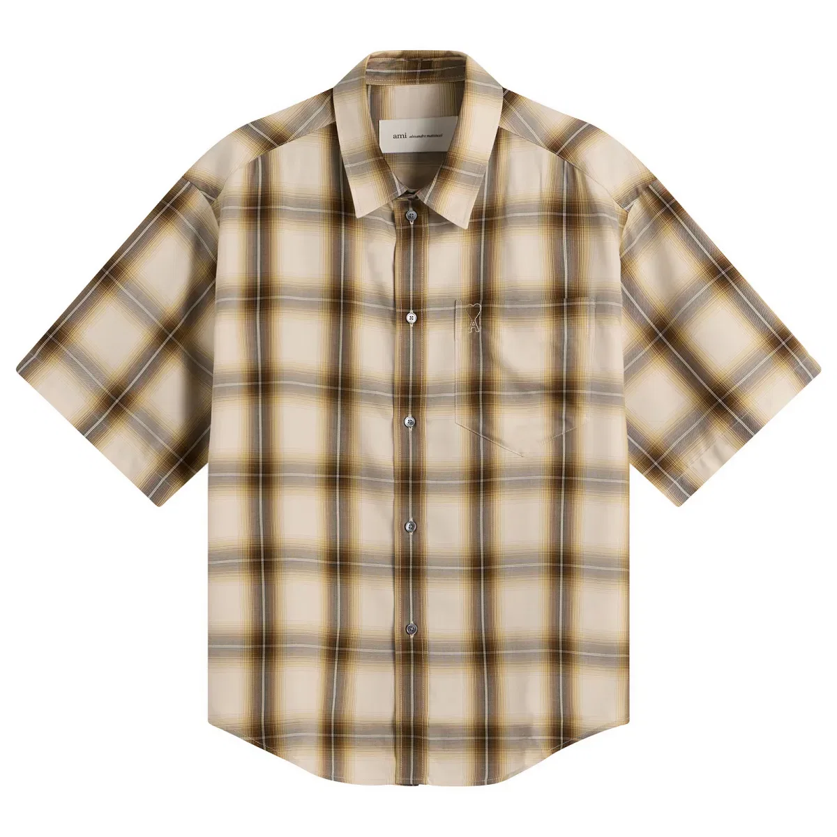 Рубашка с принтом Adc Check Canvas Short Sleeve Shirt Ami Paris, Taupe Beige/Caramel