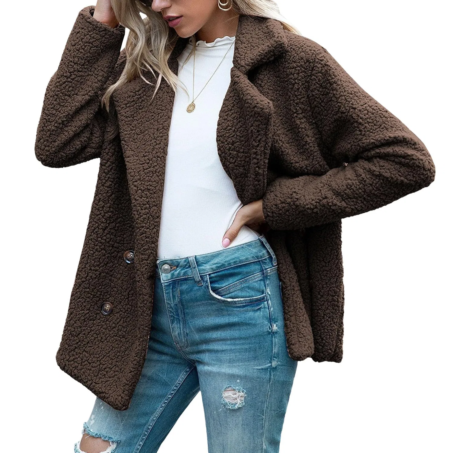 Женское длинное пальто из искусственного меха с принтом, модель Oversized Warm Jacket, Caffè — фото 4