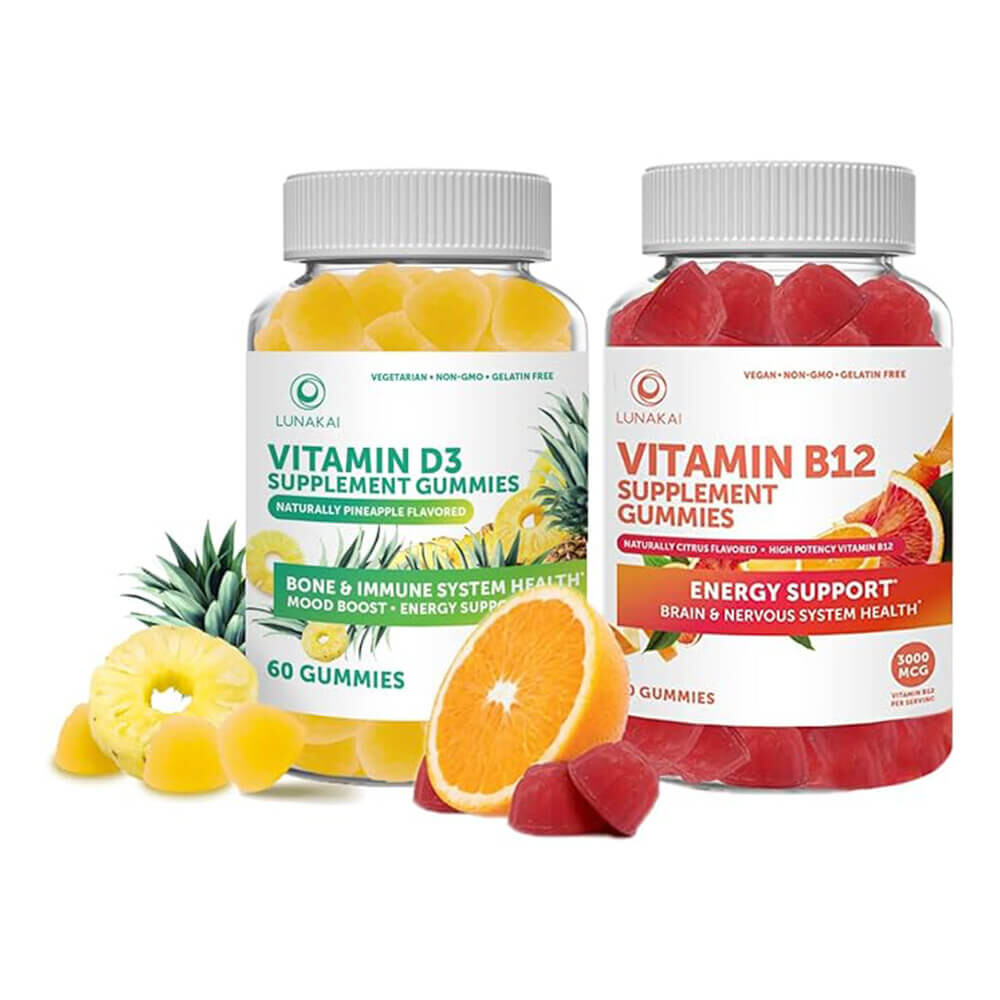 

Витамины для детей и взрослых Vitamin D3 and Vitamin B12 Gummies Bundle, (60 жевательных конфет в одной баночке)