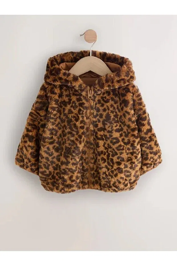 Детское зимнее пальто для девочек с капюшоном Leopard Print Next Baby, Brown — фото 4