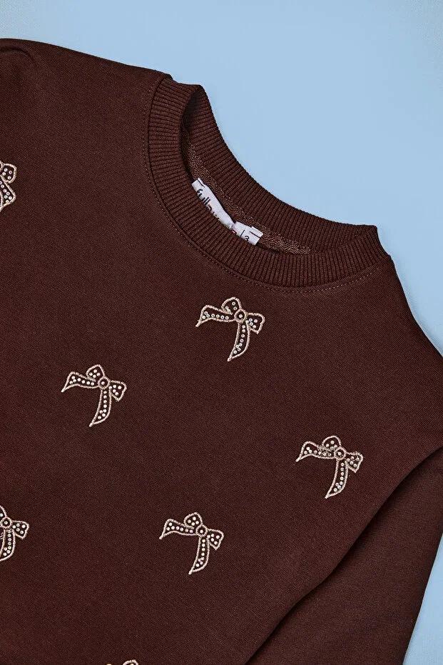 Детские свитшот для девочек с вышивкой бантом Fulla Moda, Brown — фото 3