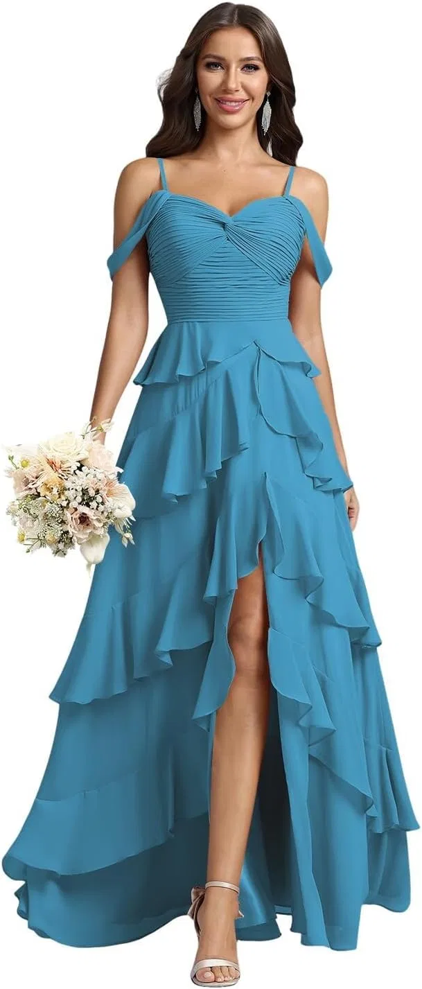 Женское вечернее платье с воланами и разрезом Chiffon, Ocean Blue