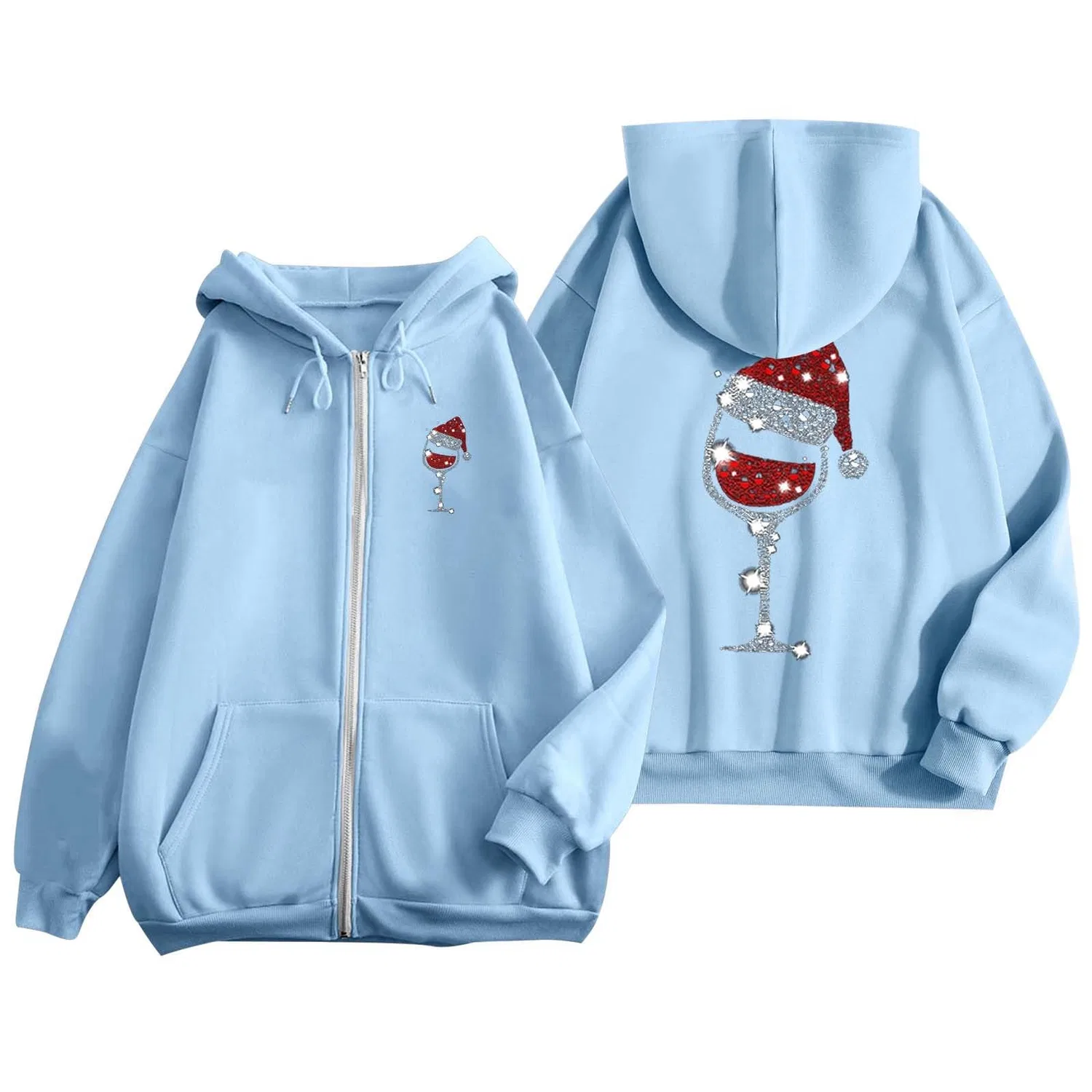 Женское худи с принтом Fashion Christmas Printed Zipper Long Sleeve Pocket Drawstring Casual Sport Hoodie, blu cielo — фото 3