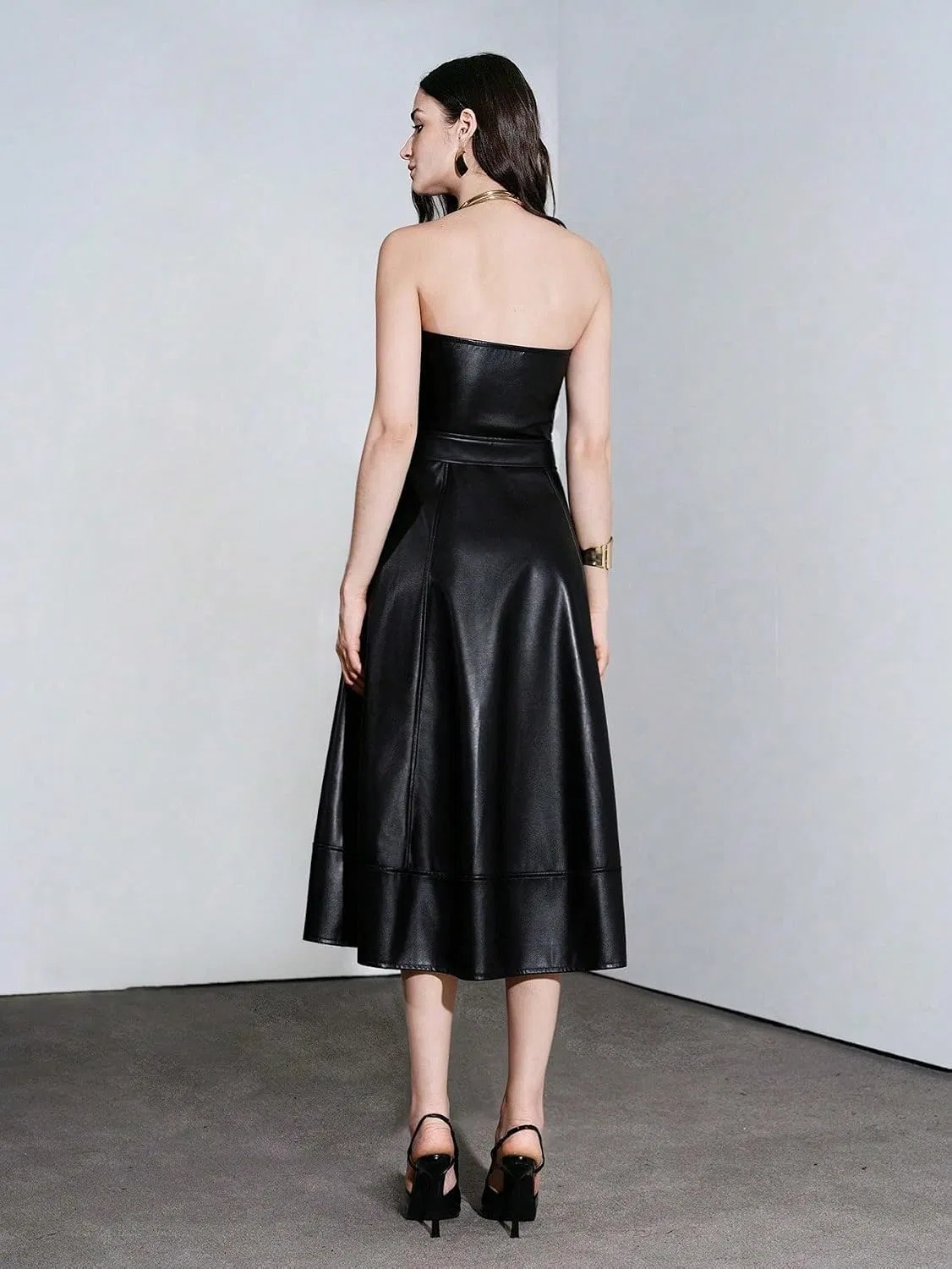 Женское повседневное платье миди A-силуэта с поясом PU Leather, Black — фото 3