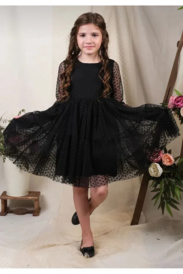Детское платье для девочек с длинным рукавом из тюля Calisa, Black — фото 3