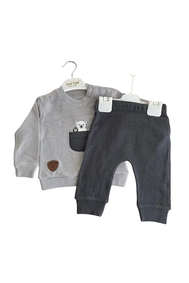 Детский спортивный костюм для мальчиков с принтом Pocket Bear Embroidered Yağmur Giyim, Серый