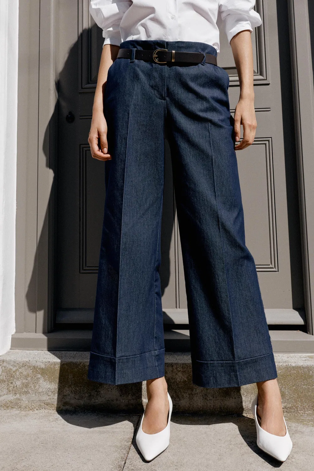 Брюки с поясом и подвернутыми штанинами ZARA, Indigo — фото 2