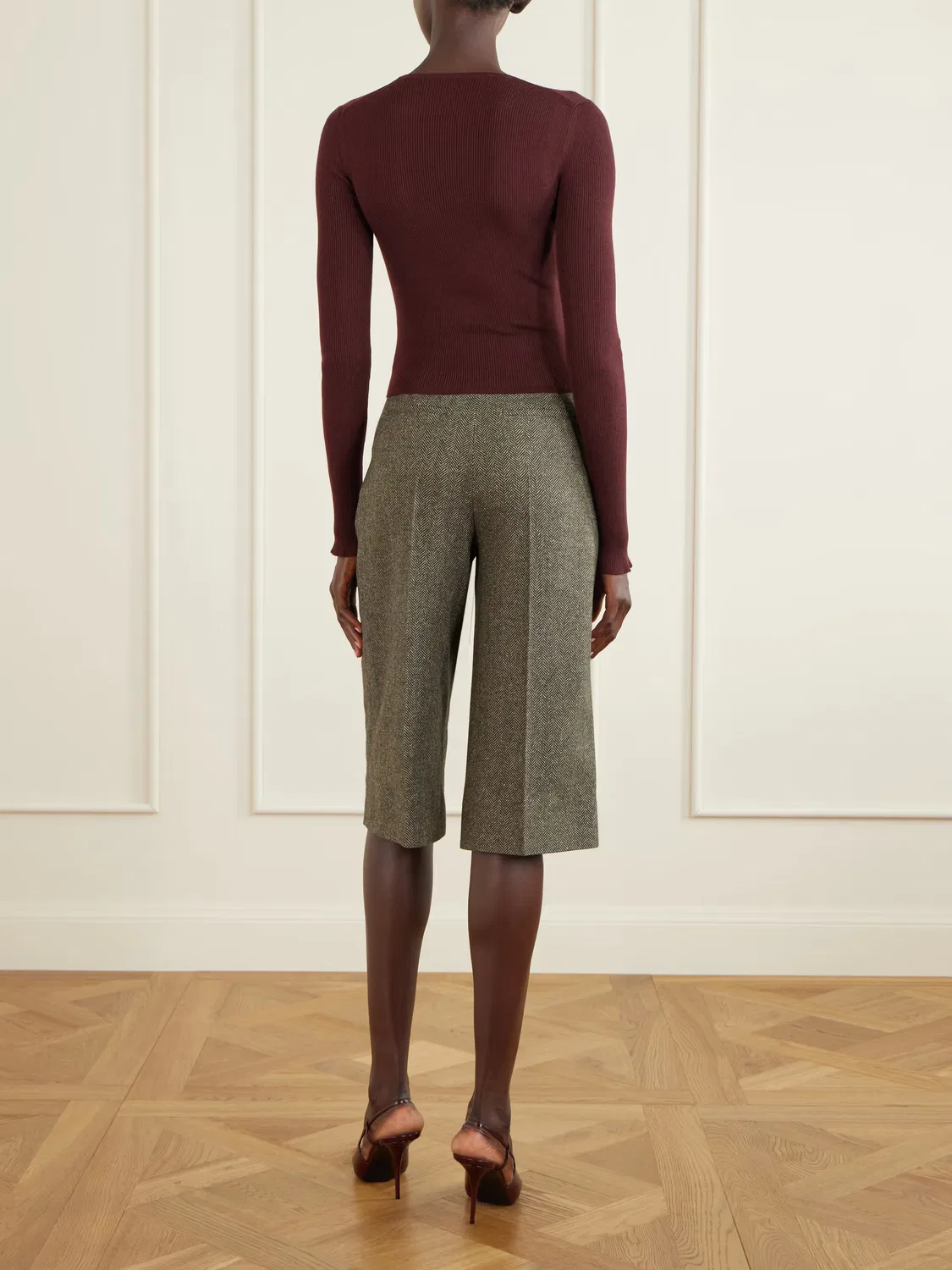 Футболка в рубчик из смеси кашемира шерсти и шелка Saint Laurent, Burgundy — фото 4