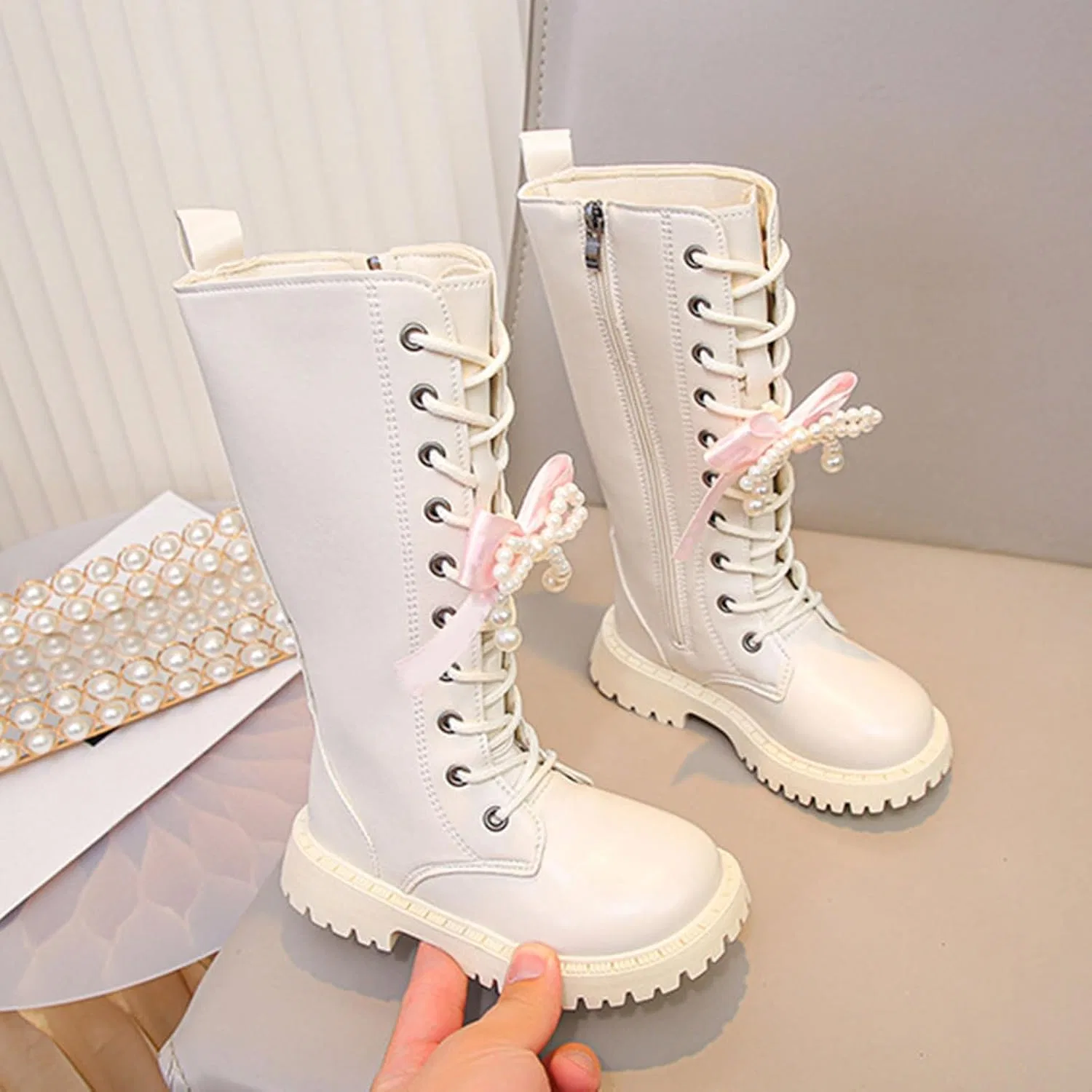 Детские ботинки на шнуровке с молнией, модель Combat Boots, Beige — фото 2