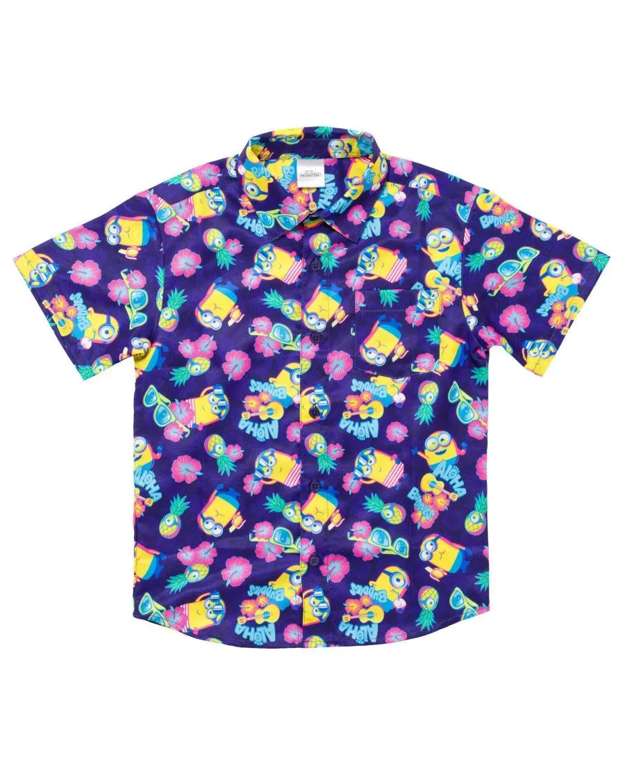 Детская рубашка с коротким рукавом Minions Aloha Buddies, Navy Tropical Leaf