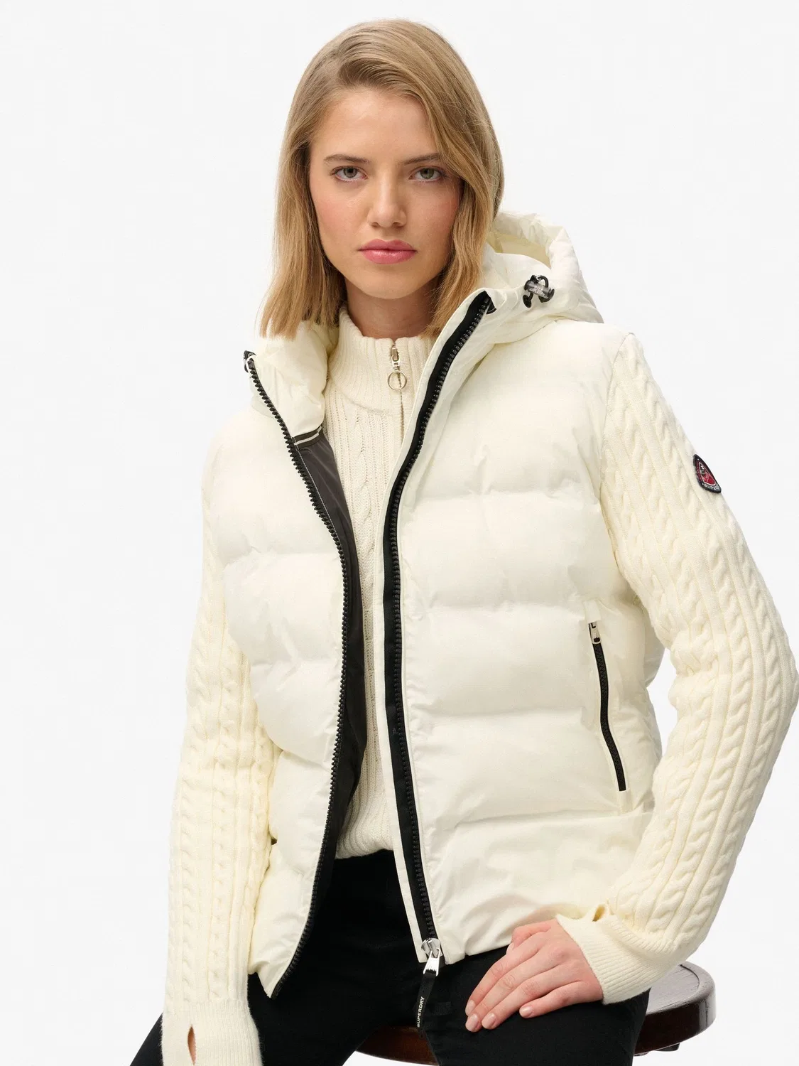 Пальто-гибрид с кабельной вязкой Superdry, белый — фото 4